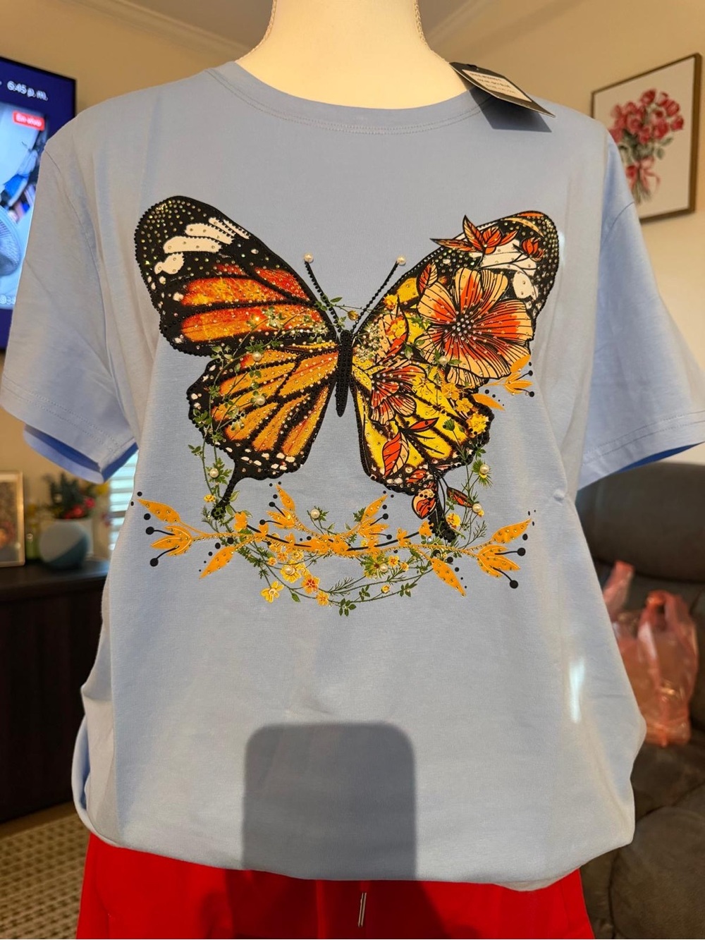 Women's Light Blue Butterfly Floral Graphic Tee
